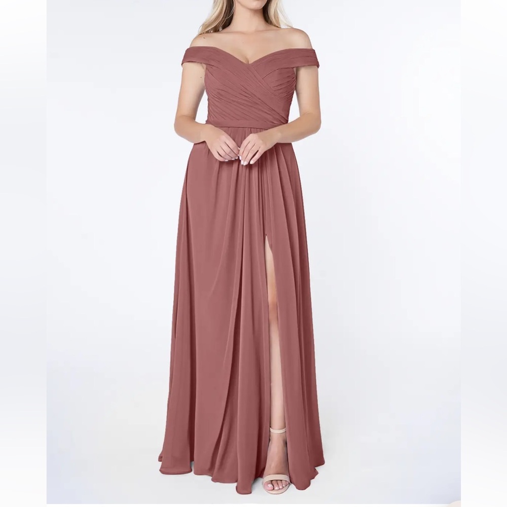 Azazie Audrianna dress desert rose pink A-Line Off-The-Shoulder Gathered Chiffon